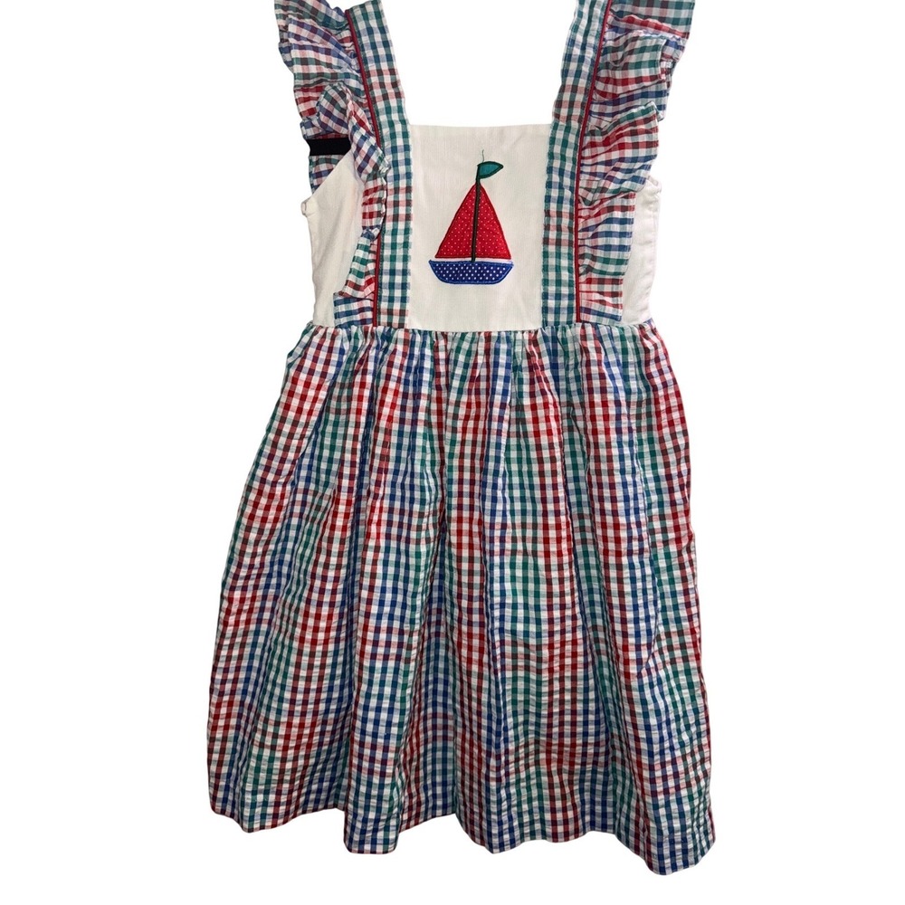 Vtg 90s Gingham Sailboat Dress Kids Size 6X Nautical Ruffle Pinafore